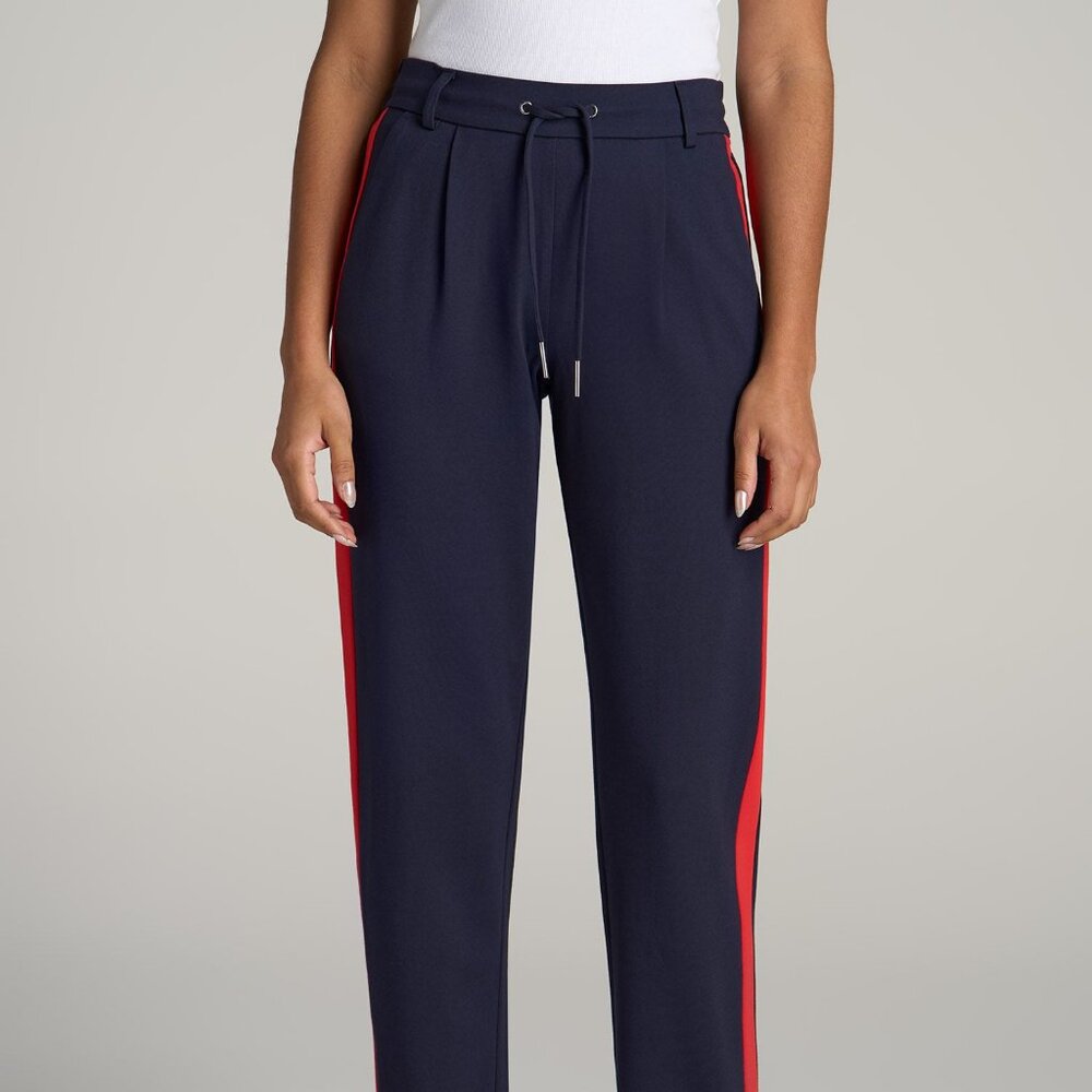 American Tall Pull On Tuxedo Stripe Pants for Tall Women in True Navy and Radian